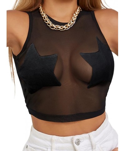 Women's Hand Print Sheer Mesh Crop Tank Top Sleeveless See Through Shirt Sexy Going Out Clubwear Star Black $10.39 Tops