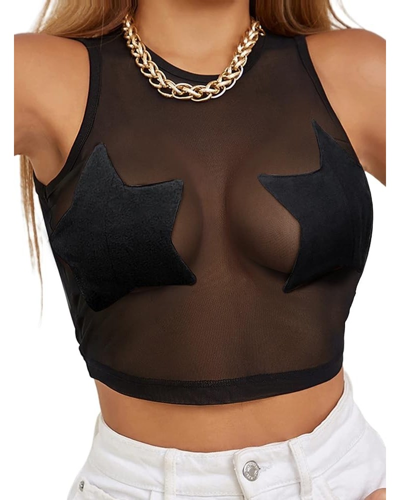 Women's Hand Print Sheer Mesh Crop Tank Top Sleeveless See Through Shirt Sexy Going Out Clubwear Star Black $10.39 Tops