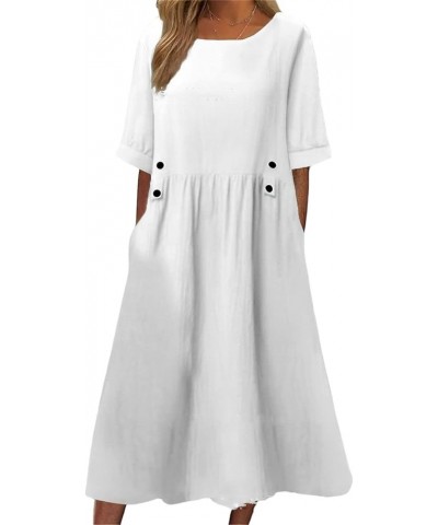 Women Fashion Short Sleeve Summer Dresses Casual Solid Linen Cotton Beach Midi Dress Plus Size B White $14.18 Dresses