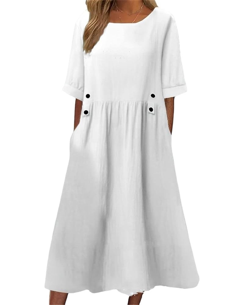 Women Fashion Short Sleeve Summer Dresses Casual Solid Linen Cotton Beach Midi Dress Plus Size B White $14.18 Dresses