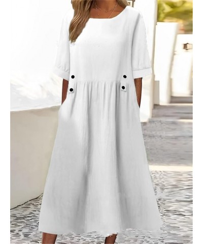 Women Fashion Short Sleeve Summer Dresses Casual Solid Linen Cotton Beach Midi Dress Plus Size B White $14.18 Dresses