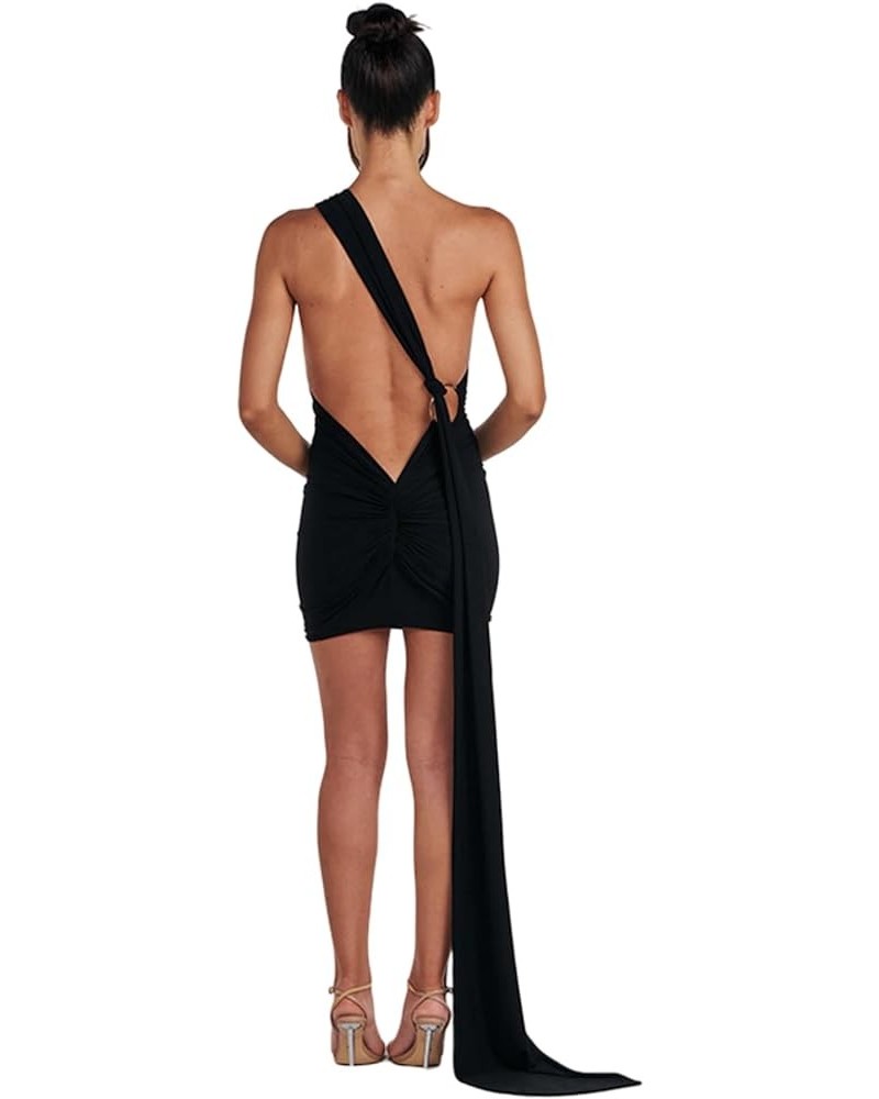 Women's Sexy One Shoulder Backless Maxi Dress Elegant Ruched O Ring Sleeveless Evening Dress Long Gown Cocktail Dress A Black...