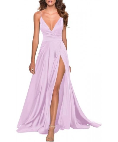 Satin Prom Dress Long with Slit A Line Sexy Backless Formal Evening Gown for Women Lilac Purple $35.70 Dresses