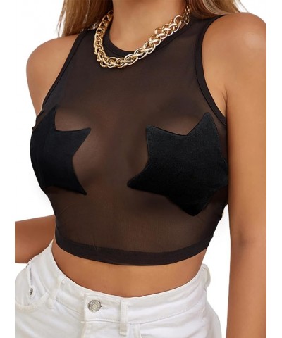 Women's Hand Print Sheer Mesh Crop Tank Top Sleeveless See Through Shirt Sexy Going Out Clubwear Star Black $10.39 Tops