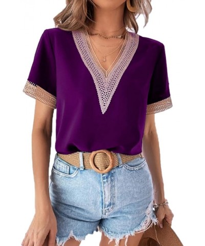 Women's Summer Casual T Shirt V-Neck Short Sleeve Tunic Top Blouse Purple $10.79 Tops