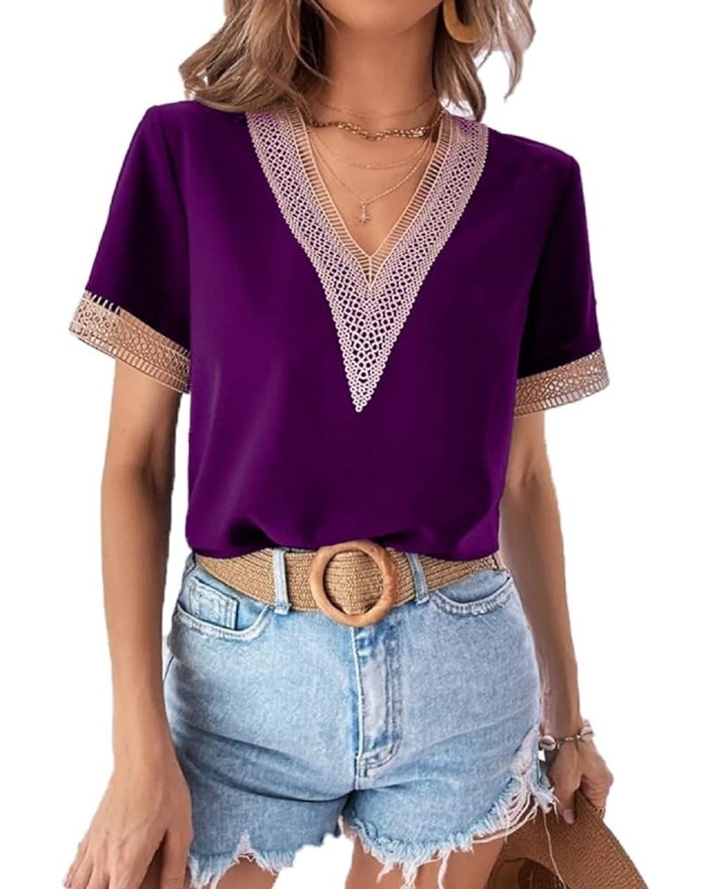 Women's Summer Casual T Shirt V-Neck Short Sleeve Tunic Top Blouse Purple $10.79 Tops