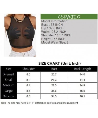 Women's Hand Print Sheer Mesh Crop Tank Top Sleeveless See Through Shirt Sexy Going Out Clubwear Star Black $10.39 Tops