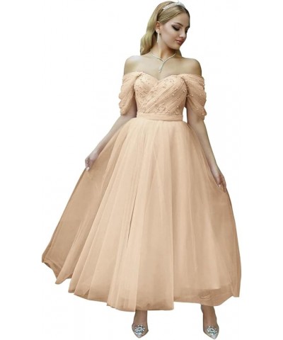 Tulle Tea Length Prom Dresses for Woman Off The Shoulder Beaded Puffy Formal Evening Party Dress Champagne $45.89 Dresses