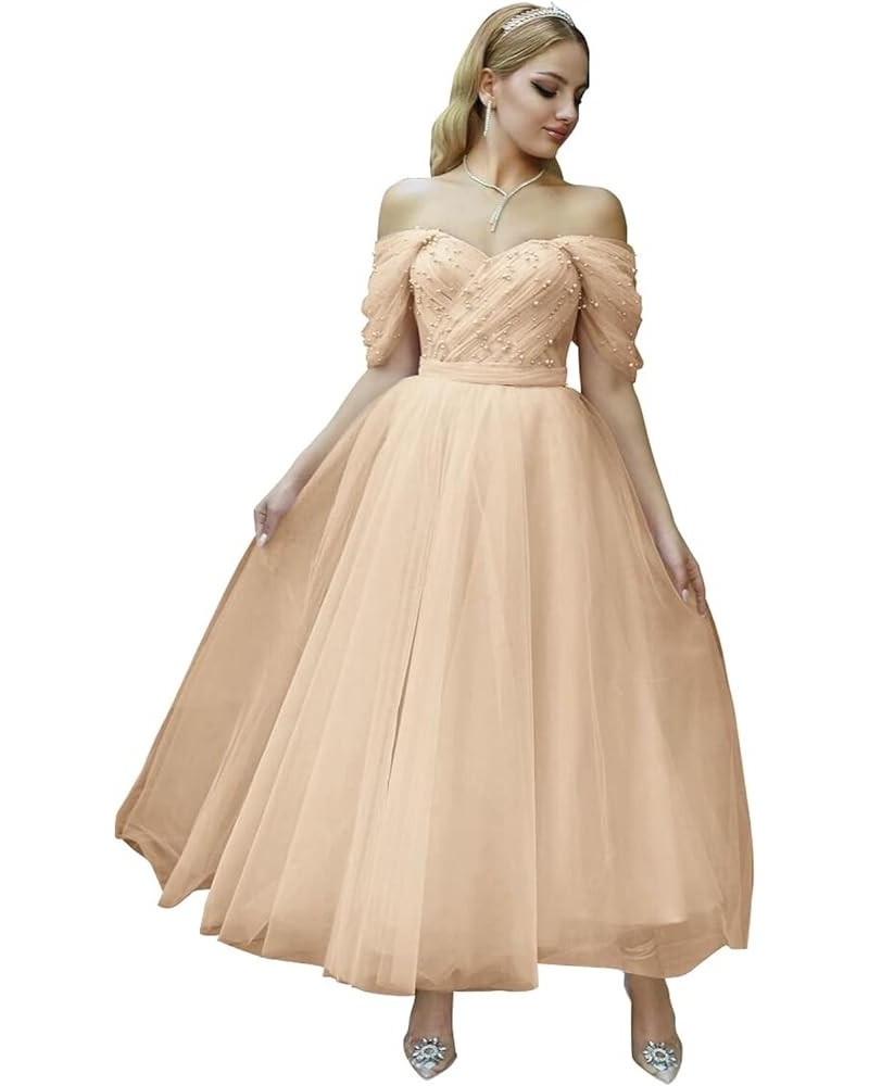 Tulle Tea Length Prom Dresses for Woman Off The Shoulder Beaded Puffy Formal Evening Party Dress Champagne $45.89 Dresses