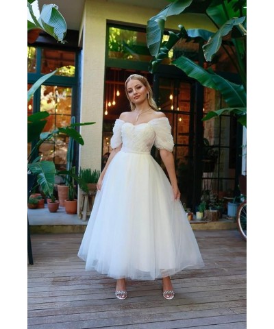 Tulle Tea Length Prom Dresses for Woman Off The Shoulder Beaded Puffy Formal Evening Party Dress Champagne $45.89 Dresses