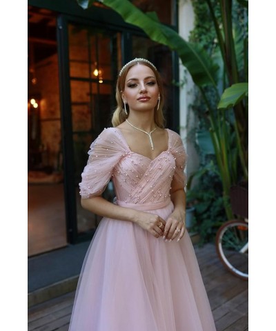 Tulle Tea Length Prom Dresses for Woman Off The Shoulder Beaded Puffy Formal Evening Party Dress Champagne $45.89 Dresses