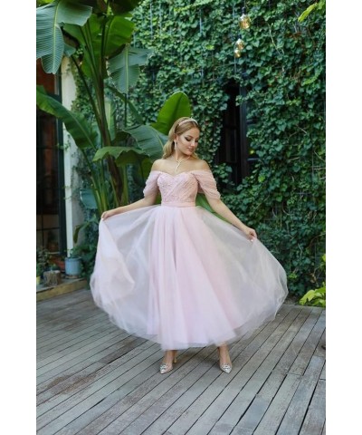 Tulle Tea Length Prom Dresses for Woman Off The Shoulder Beaded Puffy Formal Evening Party Dress Champagne $45.89 Dresses