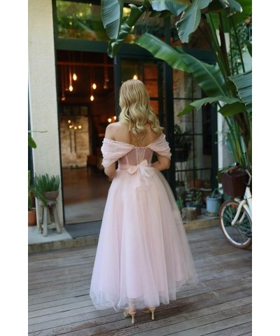 Tulle Tea Length Prom Dresses for Woman Off The Shoulder Beaded Puffy Formal Evening Party Dress Champagne $45.89 Dresses