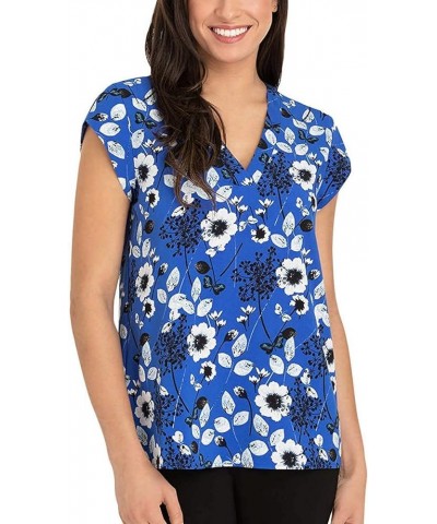 Women's V-Neck Short Sleeve Blouse Cobalt Ivory Floral $14.15 Blouses