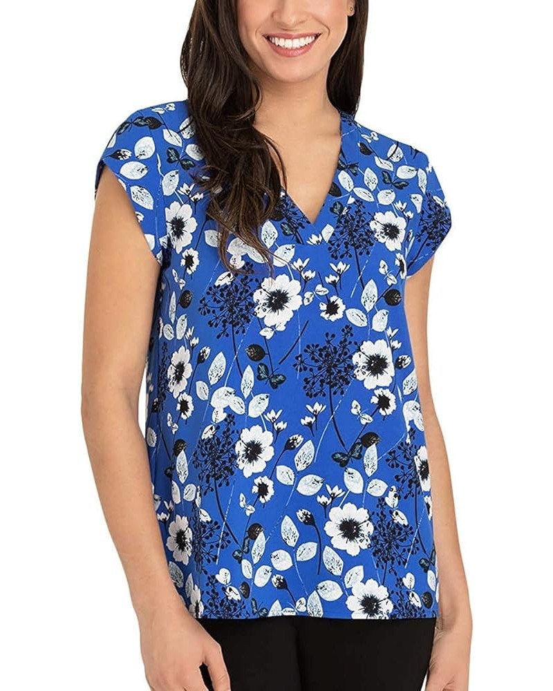 Women's V-Neck Short Sleeve Blouse Cobalt Ivory Floral $14.15 Blouses