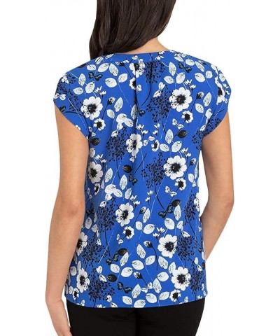 Women's V-Neck Short Sleeve Blouse Cobalt Ivory Floral $14.15 Blouses