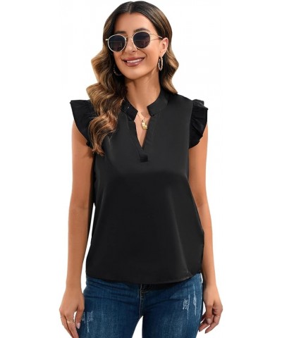 Women's Striped Ruffle Cap Sleeve Notched V Neck Blouse Top Shirt Pure Black $14.57 Blouses