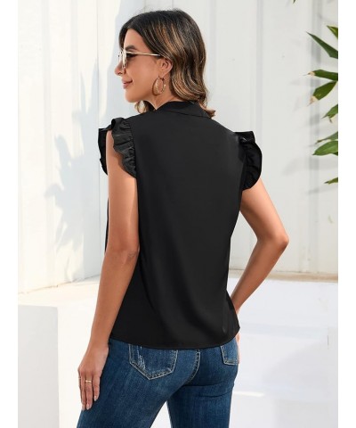 Women's Striped Ruffle Cap Sleeve Notched V Neck Blouse Top Shirt Pure Black $14.57 Blouses