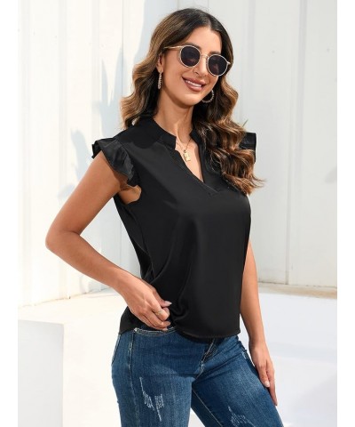 Women's Striped Ruffle Cap Sleeve Notched V Neck Blouse Top Shirt Pure Black $14.57 Blouses