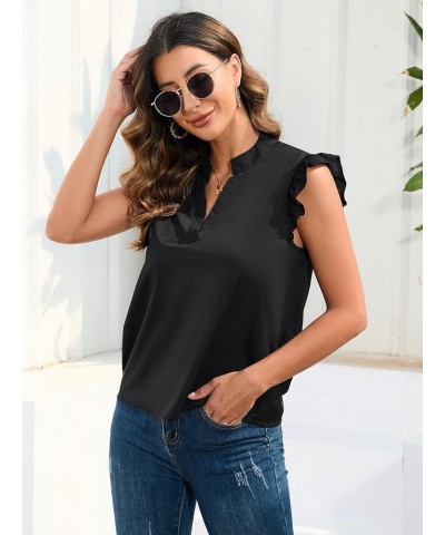 Women's Striped Ruffle Cap Sleeve Notched V Neck Blouse Top Shirt Pure Black $14.57 Blouses