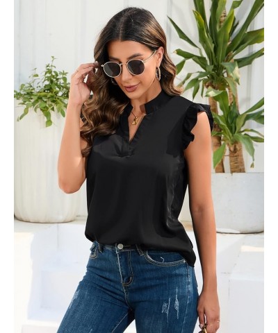 Women's Striped Ruffle Cap Sleeve Notched V Neck Blouse Top Shirt Pure Black $14.57 Blouses