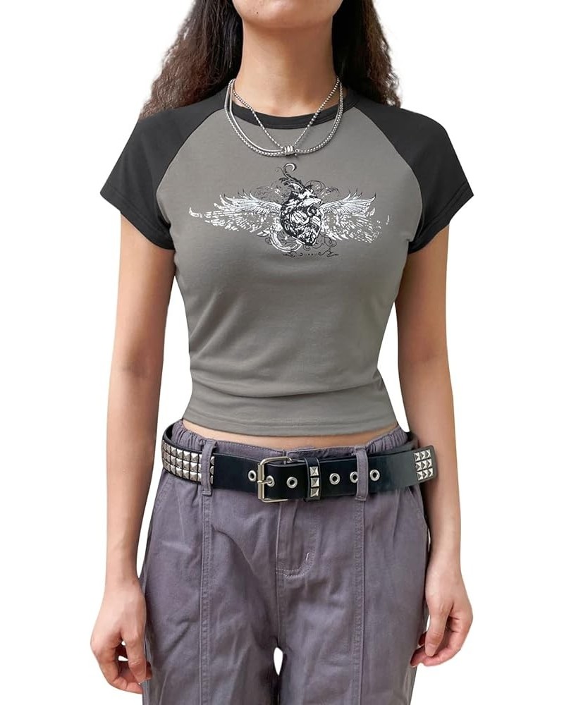 Women's Short Sleeve T-Shirts E Girls Y2K Bodycon Cropped Tee Fashion Round Neck Slim Fit Tank Casual Crop Top Grey2 $5.71 T-...