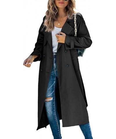 Women's Double Breasted Long Trench Coat Windproof Classic Lapel Slim Overcoat with Belt 01 Black $36.66 Coats