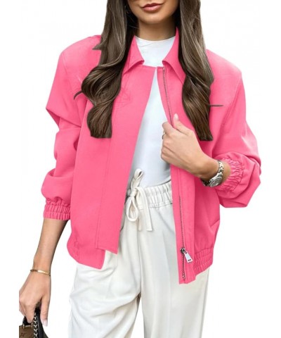 Women's Casual Jackets Long Sleeve Lapel Zip Up Coats Loose Outwear with Pockets Bright Pink $12.25 Jackets