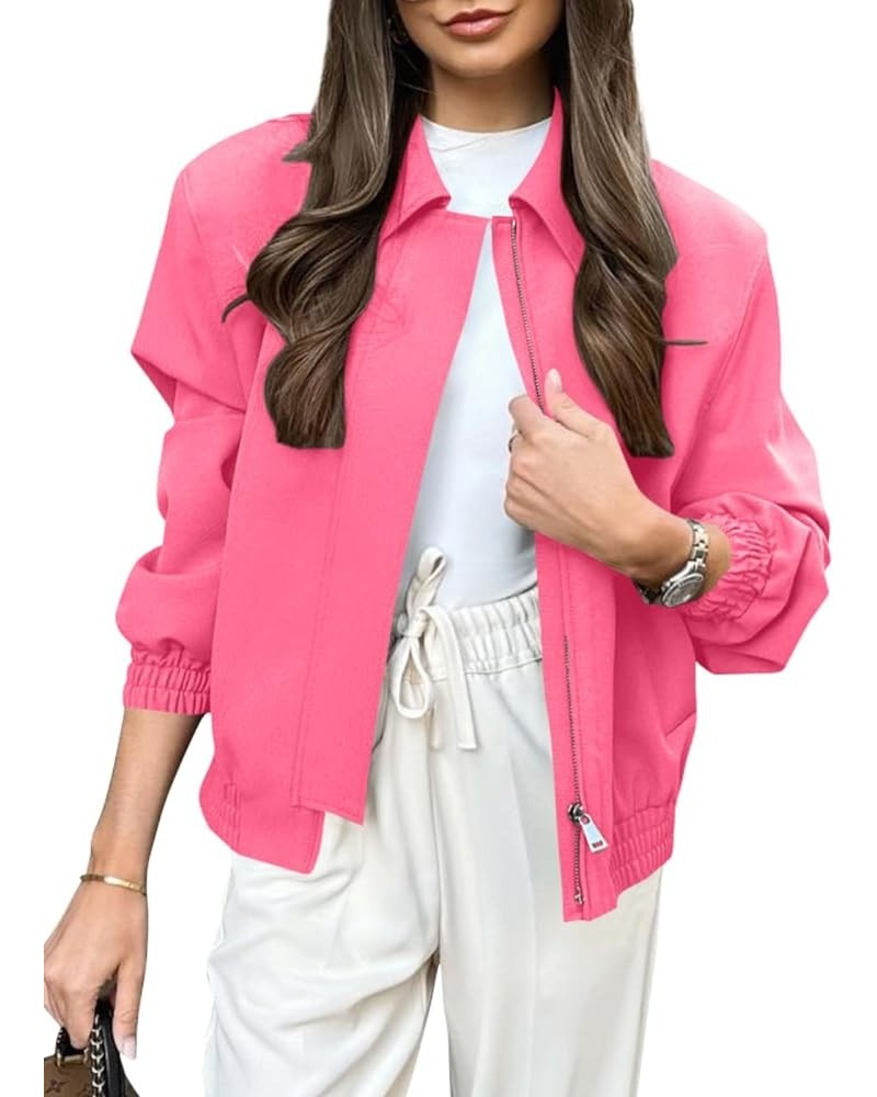 Women's Casual Jackets Long Sleeve Lapel Zip Up Coats Loose Outwear with Pockets Bright Pink $12.25 Jackets