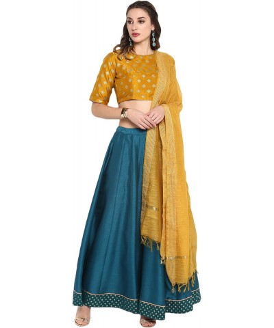 Women's Day Mustard and Turquoise Green Poly Silk Lehenga Choli With Dupatta $20.09 Dresses