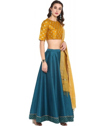 Women's Day Mustard and Turquoise Green Poly Silk Lehenga Choli With Dupatta $20.09 Dresses