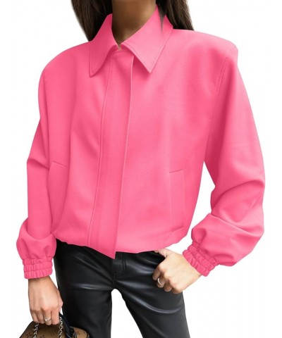 Women's Casual Jackets Long Sleeve Lapel Zip Up Coats Loose Outwear with Pockets Bright Pink $12.25 Jackets