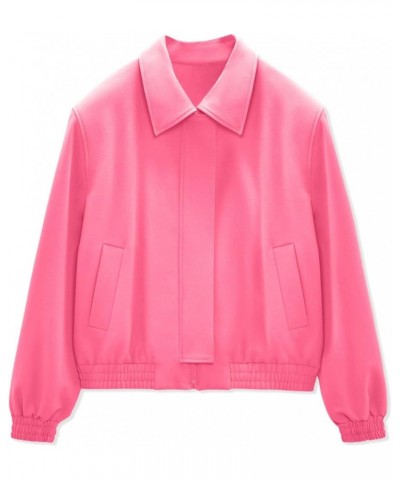 Women's Casual Jackets Long Sleeve Lapel Zip Up Coats Loose Outwear with Pockets Bright Pink $12.25 Jackets